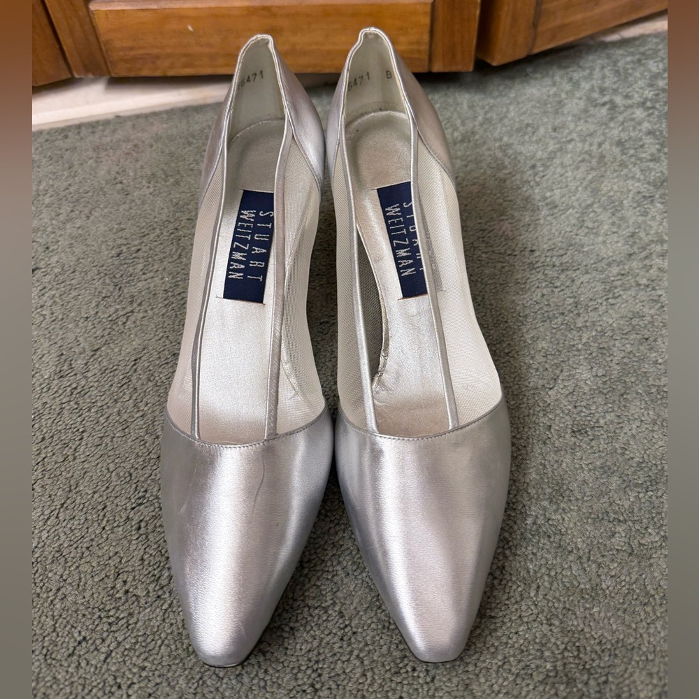 Stuart Weitzman Silver Metallic Pointed-Toe Pumps… - image 1